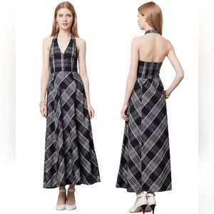 Anthropologie Maeve Adair Plaid Collared Halter Button Front  Maxi Dress Size 12
